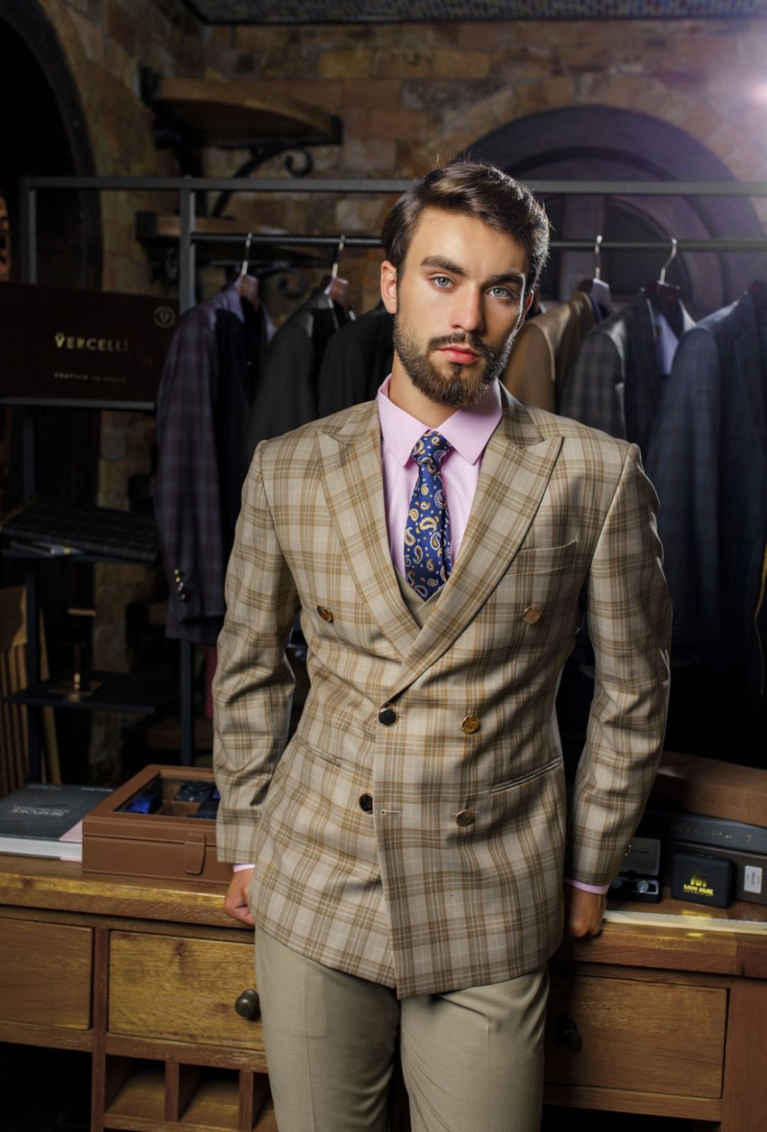 Beige Plaid Jacket With Solid Trousers 